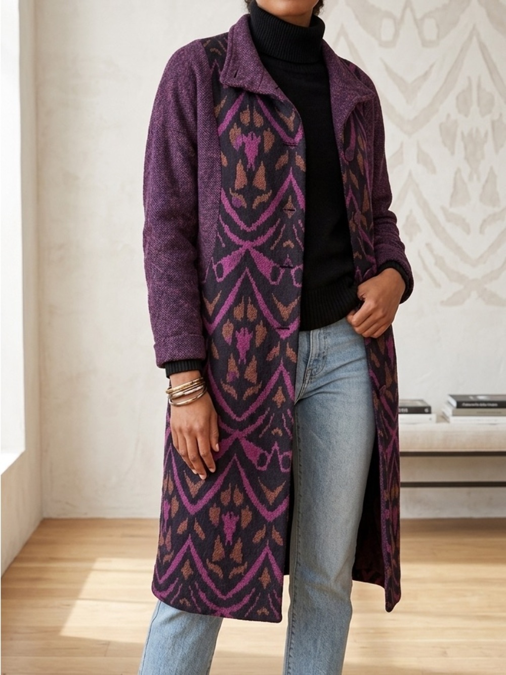 Women’s Vintage Trench Wool Fall Blend Coat Purple Black Orange - M